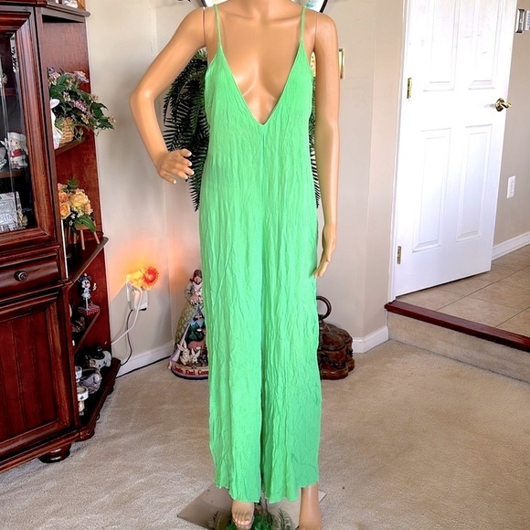 ASOS Green Jumpsuit Spaghetti Strap Open Back Long Romper Cruise Viscose Coverup - Picture 2 of 16